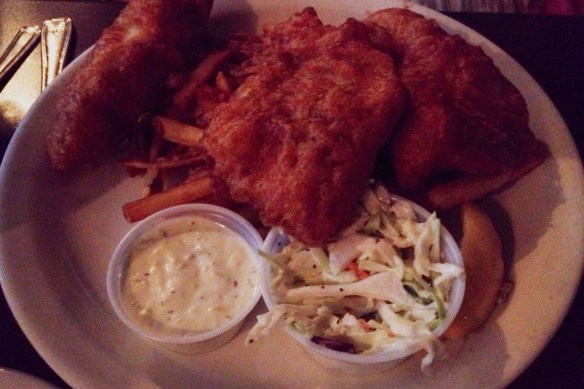 Dimly lit fish and chips.